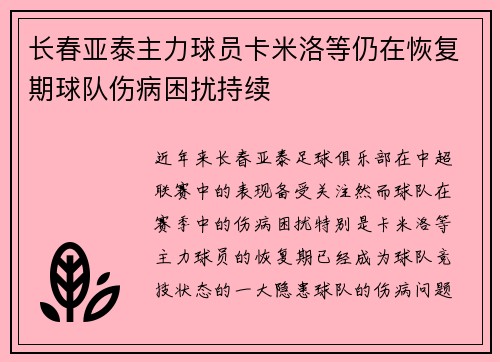 长春亚泰主力球员卡米洛等仍在恢复期球队伤病困扰持续